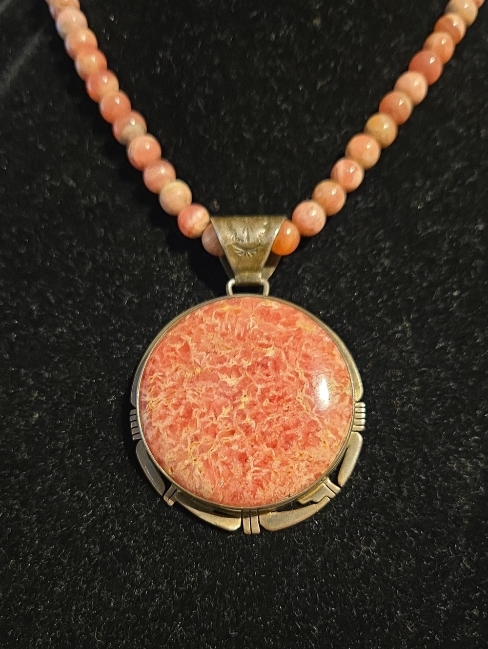 Vintage Pete Sanchez Signed Sterling Silver Rhodochrosite Pendant Necklace